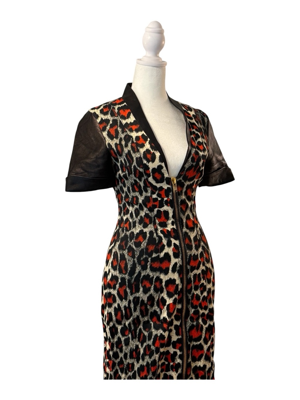 Fausto Puglisi Leopard Zip-Front Bodycon Dress with leather trim.